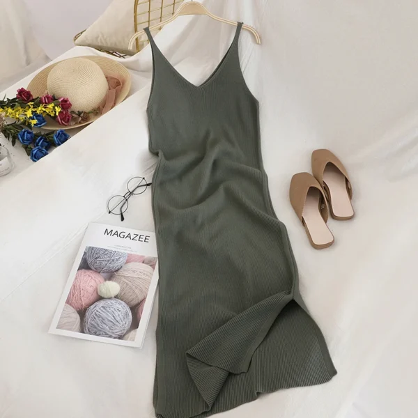 OCEANLOVE V Neck Solid Knitted Dresses Casual All Match Simple Fashion Korean Women Dress Elegant Vestidos New Clothes 15517 3