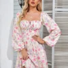 NewAsia Floral Dress Women Lantern Long Sleeve Ruched Print A Line Square Neck Tie up Mini Vestidos Sexy Chic Summer Beach Dress 4