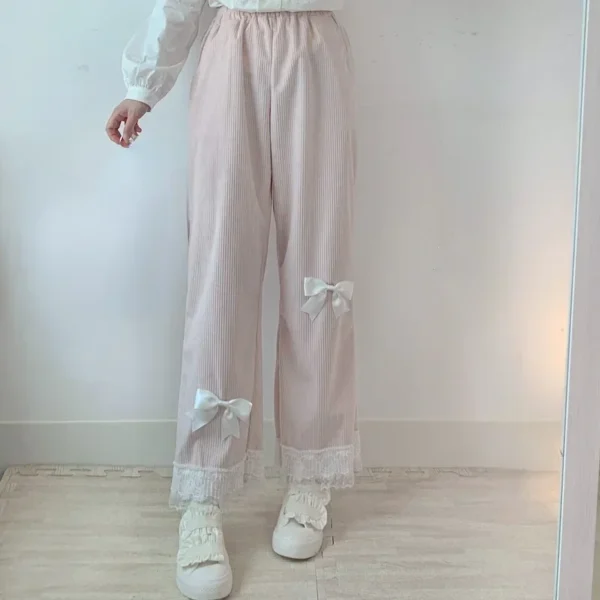 Pink Japanese Sweet Lolita Womens Kawaii High Waist Corduroy Pants Bow Lace Wide Leg Pants Y2k Clothes Casual Loose Cute Trouser 5