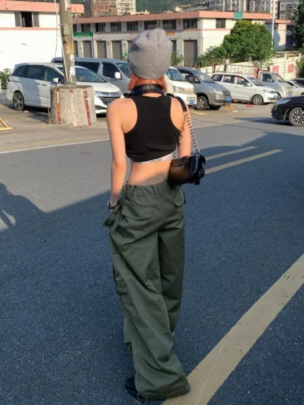 HOUZHOU Army Green Low Rise Parachute Pants Women Cyber Y2K Vintage Pockets Cargo Trousers Oversize Wide Leg Joggers Edgy Style 2