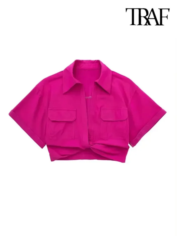 TRAF Women Fashion Front Knot Elastic Linen Cropped Shirts Vintage Short Sleeve Patch Pockets Female Blouses Blusa Chic Tops 4