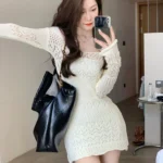 2022 Autumn Elegant Knitted Dress Women Long Sleeve Lace Short Party Dress Korea Fashion Slim Sexy Y2k Mini Dress Female Vintage 3
