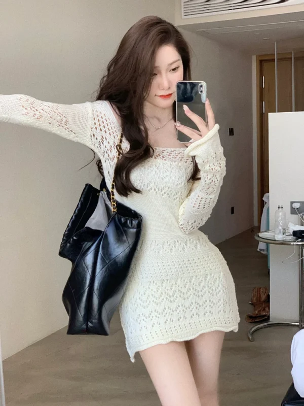 2022 Autumn Elegant Knitted Dress Women Long Sleeve Lace Short Party Dress Korea Fashion Slim Sexy Y2k Mini Dress Female Vintage 3