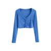 WOMENGAGA Korean Slim V-neck Long Sleeve Bottomed Womens Tops And Blouses High Street Solid Color Open Navel Cardigan U4WF 5
