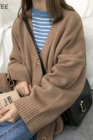 Sweaters Women Knitting Cardigans Casual Spring 2020 V-Neck Long Sleeve Daily Solid Mujer Clothes Single Breasted Brown College