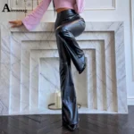 Women Fashion Street PU Leather Pants Female Elastic Waist Slim Trouser Girls High Cut Flare Pants Black Soft Faux Leather Pant 4