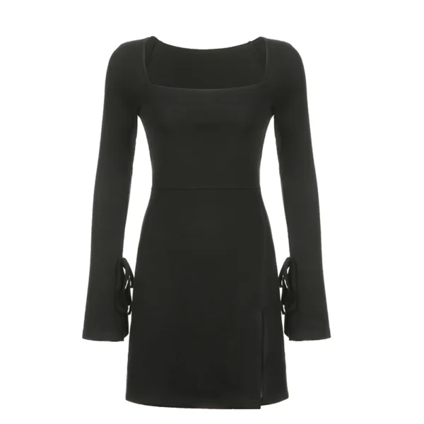 Elegant Women Slit Mini Dress High Street Flare Sleeve Bodycon Square Collar Short Dresses Date Night Outfits Fashion 6