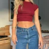 Y2K Sexy Backless Crop Top Women Casual 2023 Summer Short Sleeve O Neck T Shirts Streetwear Fit Slim Pullovers Base Tees T-Shirt 4