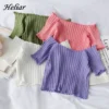 HELIAR Women Off Shoulder T-shirts Knitted Ruffles Hem Crop Tops Short Sleeve T-shirts For Women 2024 Summer Tops Female 1
