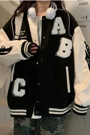 Vintage Bomber Jacket Women Y2K Harajuku Streetwear Oversized Coat Korean Loose Female College Uniform Varsity Baseball Outwear 2