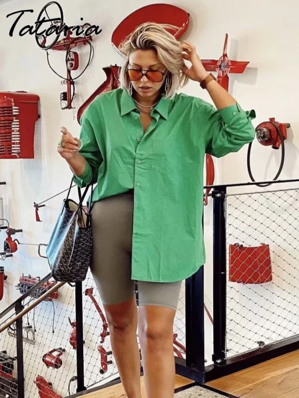 Basic Candy Colors Shirt Women's Beautiful Blouses with Collar 2023 Summer Green Button Up Shirts Oversized Long Sleeve Tops 5