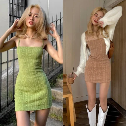 Women's Spaghetti Strap Mini Dress, Sleeveless Solid Color Cable Knit Bodycon Dress