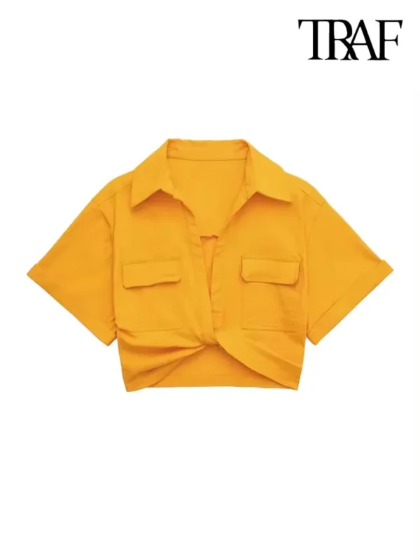 TRAF Women Fashion Front Knot Elastic Linen Cropped Shirts Vintage Short Sleeve Patch Pockets Female Blouses Blusa Chic Tops 5