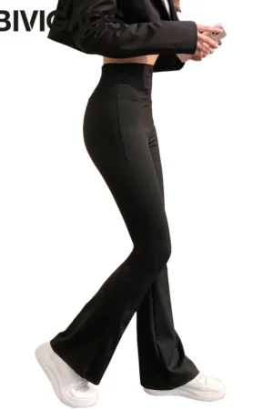 BIVIGAOS Women Shark Flared Pants Black Elastic Slim High Waist Sexy Horseshoe Pants Micro Casual Fashion Flared leggings