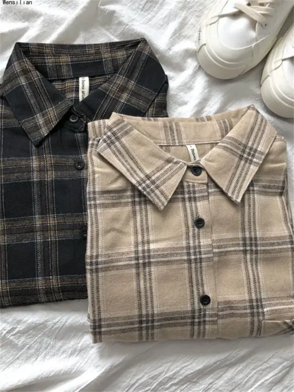 Women Shirt Plaid Oversize Blouse Female Korean Fashion Long Sleeves Shirt Tops Casual Outwear Vintage Checkered Femme Blusas 4