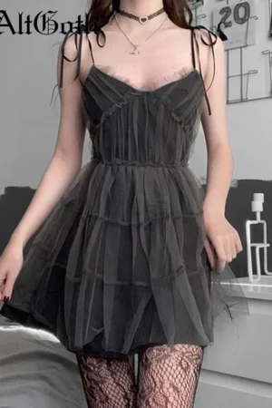 AltGoth Dark Gothic Elegant Dress Women Emo Alt Vintage Mesh Patchwork Lace Up High Waist Dress Y2k Harajuku Mall Goth Partywear