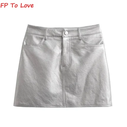 FP To Love French Silver PU Mini Skirts Metallic Sexy High Waist Hip Skirt Chic Retro Short A-Line Metal 1