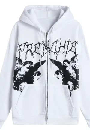 Women Vintage Angel Print Hoodies Autumn Winter Zip Up Long Sleeve Pocket Loose Sweatshirt Y2K Female Fashion Gothic Streetwear 2