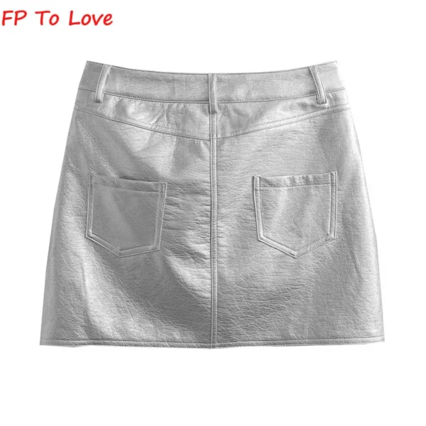 FP To Love French Silver PU Mini Skirts Metallic Sexy High Waist Hip Skirt Chic Retro Short A-Line Metal 2