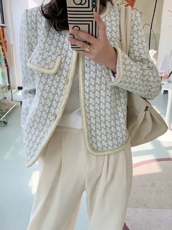 High Quality French Vintage Small Fragrance Tweed Jacket Coat Women's Spring Autumn Casual Fried Street Short Coat Plaid Outwear 1