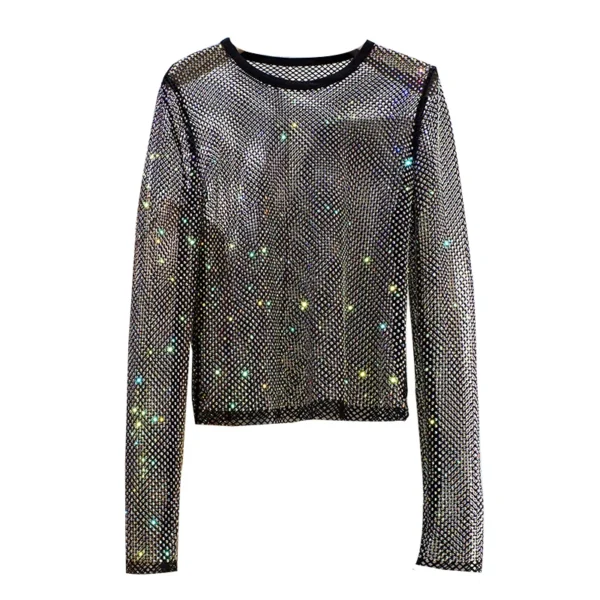 Summer New Ladies Temperament Rhinestone Round Neck Long Sleeve Bright Starlight Hollow Shiny Bottoming Shirt Women's Top Trend 5