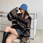 LMQ NEW Women Punk Gothic Striped Long Sleeve Loose Patchwork Sweater Hip Hop Retro Oversize Pullover Casual Knitted Jumpers 6