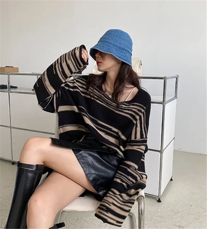 LMQ NEW Women Punk Gothic Striped Long Sleeve Loose Patchwork Sweater Hip Hop Retro Oversize Pullover Casual Knitted Jumpers 6