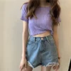 HELIAR Women Off Shoulder T-shirts Knitted Ruffles Hem Crop Tops Short Sleeve T-shirts For Women 2024 Summer Tops Female 2