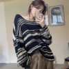 LMQ NEW Women Punk Gothic Striped Long Sleeve Loose Patchwork Sweater Hip Hop Retro Oversize Pullover Casual Knitted Jumpers 2