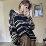 LMQ NEW Women Punk Gothic Striped Long Sleeve Loose Patchwork Sweater Hip Hop Retro Oversize Pullover Casual Knitted Jumpers 2