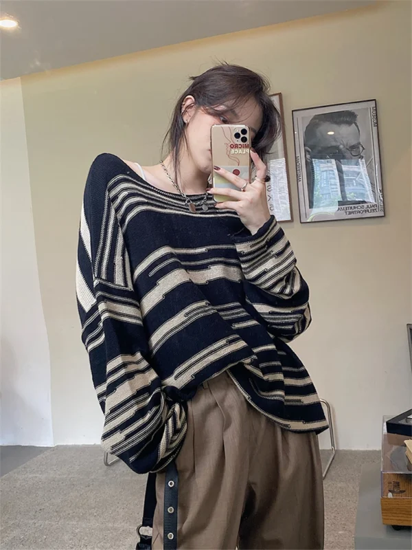 LMQ NEW Women Punk Gothic Striped Long Sleeve Loose Patchwork Sweater Hip Hop Retro Oversize Pullover Casual Knitted Jumpers 2