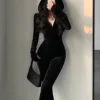 TVVOVVIN  Fashion Black Velvet Slim Hooded Zipper Long Sleeve Flare Pants Jumpsuit Rompers Korean Sexy Hot Tops 2023 9P64 6