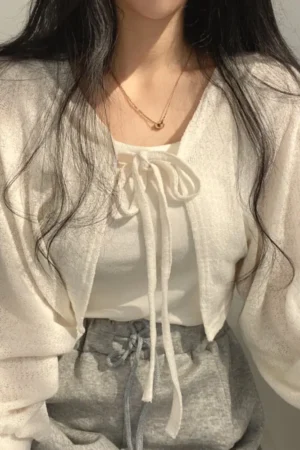 Thin White Cardigan Bandage Lantern Sleeve Short Coat Pull Femme Knitwear Top Girl Cardigan Korean Style Casual T Shirt