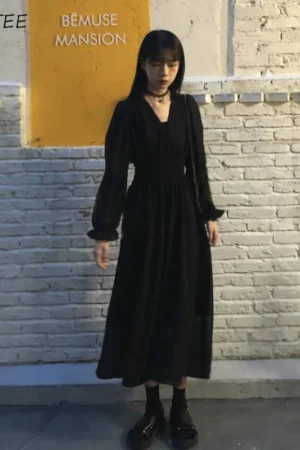Dress Women Autumn Chic Simple Elegant Puff Sleeve Vintage Black Ladies Streetwear Party Daily V-neck Female Clothing Vestidos