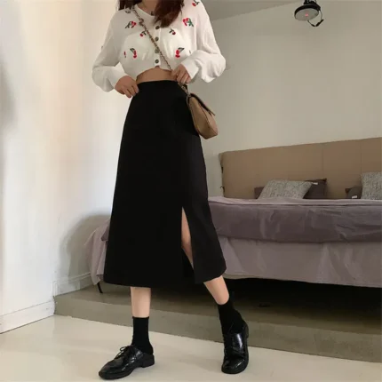 Black Skirts Women Mid-calf College A-line High Waist Korean Style All-match Friends Streetwear Chic Female Bottom Юбка Женская 2