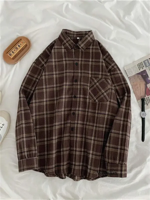 Women Shirt Plaid Oversize Blouse Female Korean Fashion Long Sleeves Shirt Tops Casual Outwear Vintage Checkered Femme Blusas 3