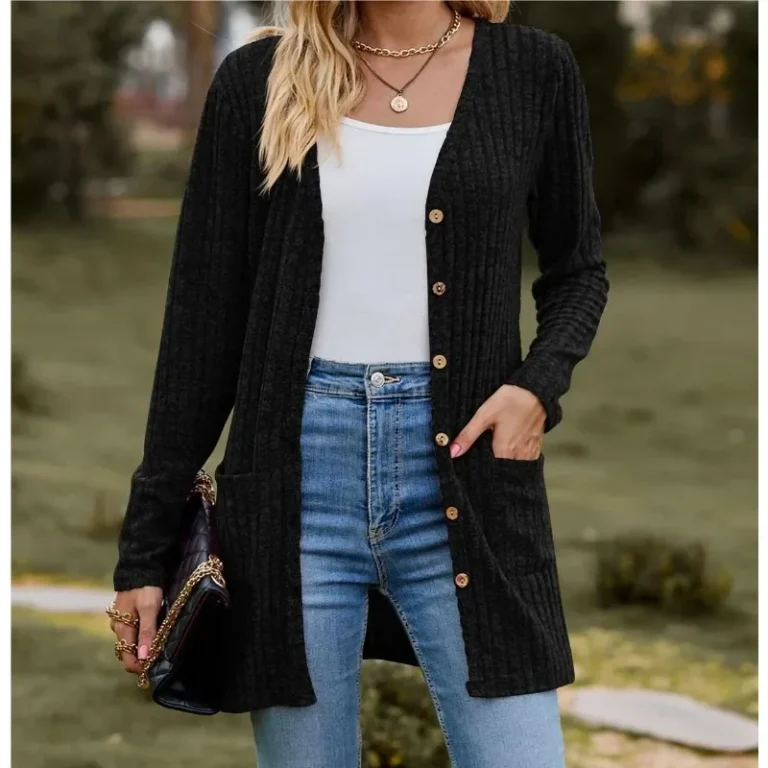 Autumn New Women's Milled Pit Stripe V-Neck Solid Colour Button Long Sleeve Ladies Casual Extensions Cardigan Jacket Coat 3