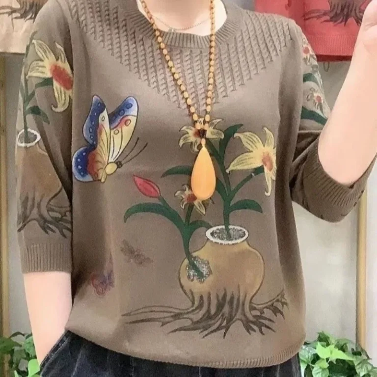 Spring Autumn New Fashion Elegant Round Neck Long Sweater Casual Versatile Western Printed Comfortable Clothing Women's Pullers 2