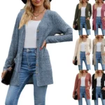Autumn New Women's Milled Pit Stripe V-Neck Solid Colour Button Long Sleeve Ladies Casual Extensions Cardigan Jacket Coat 1