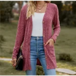 Autumn New Women's Milled Pit Stripe V-Neck Solid Colour Button Long Sleeve Ladies Casual Extensions Cardigan Jacket Coat 6