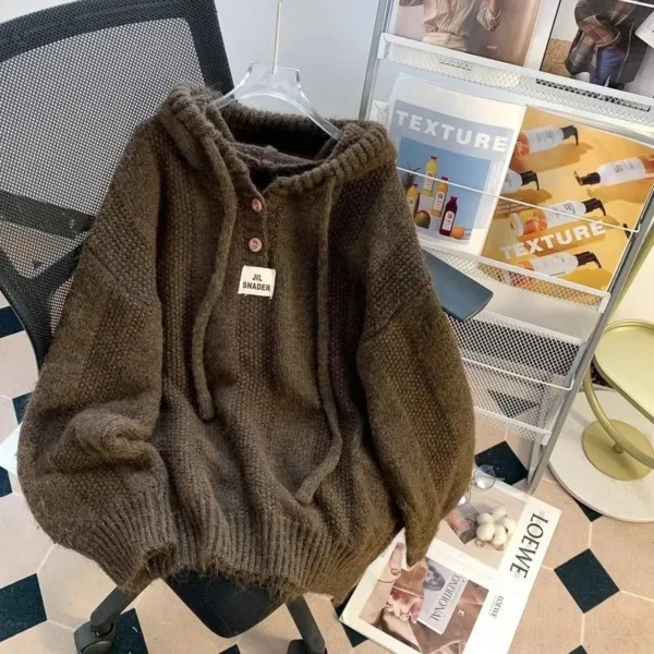 Autumn/Winter Hooded Sweater Women’s Korean Style Loose Fit 2024 Idle Style Thickened Drawstring Knitted Top Sweatshirt 3