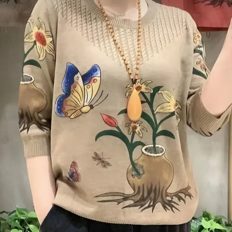 Spring Autumn New Fashion Elegant Round Neck Long Sweater Casual Versatile Western Printed Comfortable Clothing Women's Pullers 1