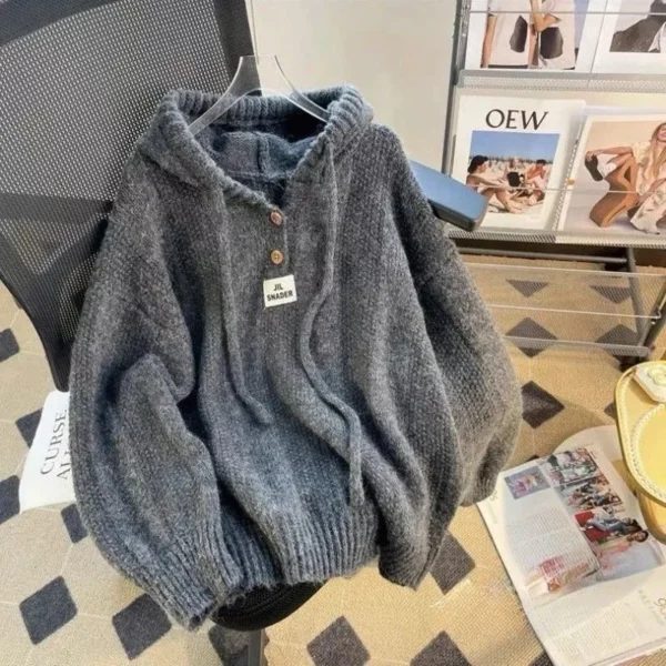 Autumn/Winter Hooded Sweater Women’s Korean Style Loose Fit 2024 Idle Style Thickened Drawstring Knitted Top Sweatshirt 4