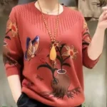 Spring Autumn New Fashion Elegant Round Neck Long Sweater Casual Versatile Western Printed Comfortable Clothing Women's Pullers 3
