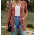 Autumn New Women's Milled Pit Stripe V-Neck Solid Colour Button Long Sleeve Ladies Casual Extensions Cardigan Jacket Coat 5