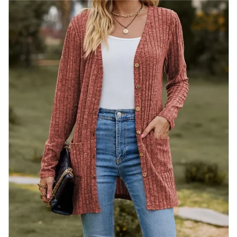 Autumn New Women's Milled Pit Stripe V-Neck Solid Colour Button Long Sleeve Ladies Casual Extensions Cardigan Jacket Coat 5
