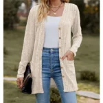Autumn New Women's Milled Pit Stripe V-Neck Solid Colour Button Long Sleeve Ladies Casual Extensions Cardigan Jacket Coat 4