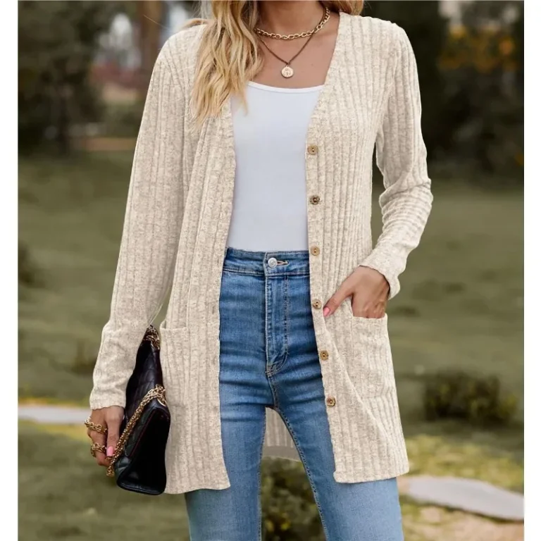 Autumn New Women's Milled Pit Stripe V-Neck Solid Colour Button Long Sleeve Ladies Casual Extensions Cardigan Jacket Coat 4