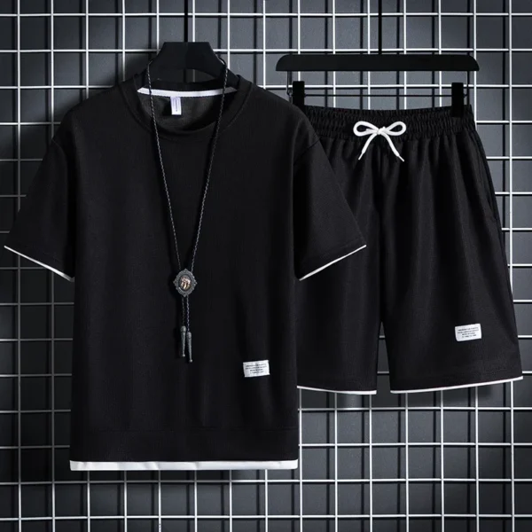 Men's new Waffle Summer Suit 2025 Casual T-shirt + Shorts 2