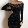 2025 New Spring Women's Fashion, Elegance, Leisure, Long sleeved Lace Edge, One Shoulder Silver Powder Sprinkled Dress 4